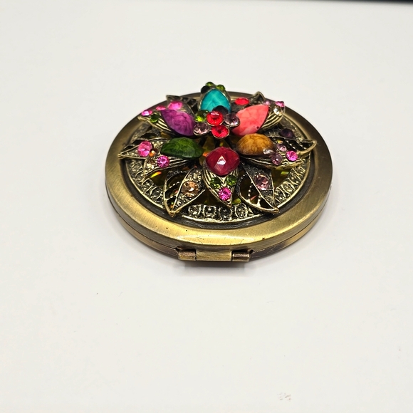 Jeweled Colorful Rhinestone Cabochons Ornate Brass Mirror Compact - Picture 3 of 13